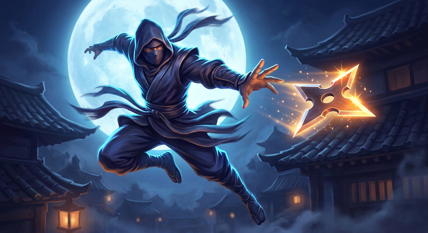 Ninja Shuriken key art  -  a ninja mid-leap hurling a glowing shuriken over a moonlit rooftop